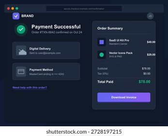 Screen displays payment confirmation for an order, showing digital delivery with details about payment method, order summary, and total amount paid.