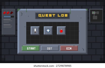 La pantalla muestra una interfaz de registro de misiones en un estilo de pixel art. Hay tres opciones visibles, lo que permite al jugador iniciar una misión o seleccionar otras acciones.