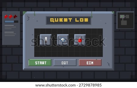 The screen displays a quest log interface in a pixel art style. There are three options visible, allowing the player to start a quest or select other actions.