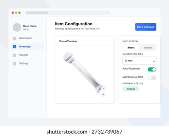 A tela mostra as configurações de uma ferramenta específica no sistema de gerenciamento de inventário. Os usuários podem configurar tamanhos, alertas e opções de reordenação para a ferramenta.