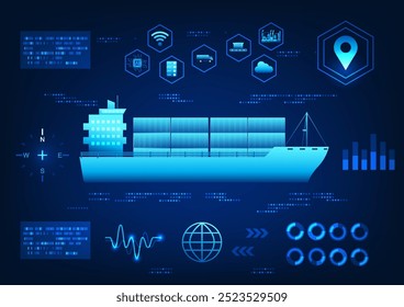 Screen displays a ship using AI technology with surrounding elements about transportation innovation, conveying the development in the transportation and logistics industry, suitable for technology 