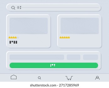 A screen displays a shopping interface with a search bar at the top and product listings below. Some product slots show stars for ratings, while others are blank.