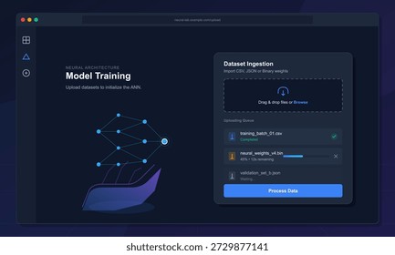 La pantalla muestra una aplicación de software que permite a los usuarios Cargar conjuntos de datos para el entrenamiento de redes neuronales. Los usuarios pueden arrastrar y soltar archivos para su procesamiento.
