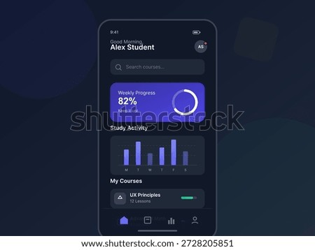 The screen displays a student progress tracking interface showing weekly progress and study activity in a dark theme. Graphs and course information are visible on the screen.