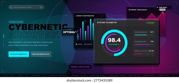 Screen displays system telemetry, network throughput, and latency distribution data. Different metrics such as core temperature and efficiency percentage are shown.