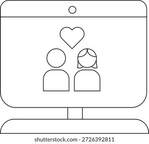 A screen displays two figures a heart above them and a circle at the screens top