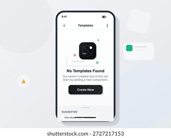 La pantalla muestra un diseño de interfaz de usuario para un App móvil que indica que no hay Plantillas disponibles. Los usuarios pueden crear un nuevo componente o Configuraciones sugeridas por el Explore, como el modo oscuro.