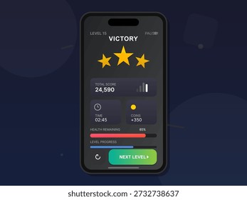 La pantalla muestra el Estado de la victoria en un juego móvil. Muestra la puntuación total, la salud restante, las monedas recolectadas y la barra de progreso que indica la finalización del nivel.