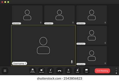 A tela exibe uma plataforma de reunião virtual, com vários usuários, alguns engajados, enquanto outros parecem inativos ou sem áudio, simbolizando a conectividade digital.