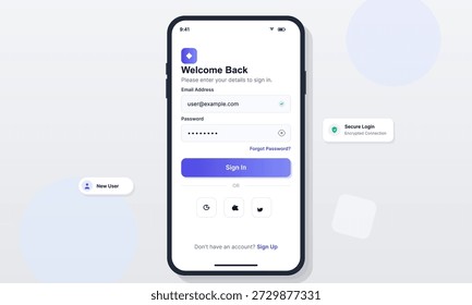 La pantalla muestra un mensaje de bienvenida que pide una Dirección por correo electrónico y una Contraseña al Iniciar sesión. Hay opciones disponibles para recuperar la Contraseña o el Registrarse para una nueva Cuenta.