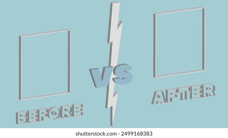 The screen is divided in half by a lightning bolt. Two picture frames and before and after titles. 3D cover with volumetric elements in EPS 10 format