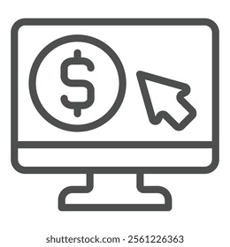 Screen with dollar and cursor line icon, bank account concept. Vector graphics. Monitor with coin and mouse pointer sign on white background, outline style icon for mobile or web design