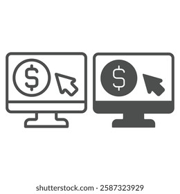 Screen with dollar and cursor line and solid icon, bank account concept. Vector graphics. Monitor with coin and mouse pointer sign on white background, outline style icon for mobile or web design