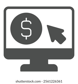 Screen with dollar and cursor solid icon, bank account concept. Vector graphics. Monitor with coin and mouse pointer sign on white background, glyph style icon for mobile or web design