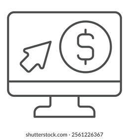 Screen with dollar and cursor thin line icon, bank account concept. Vector graphics. Monitor with coin and mouse pointer sign on white background, outline style icon for mobile or web design