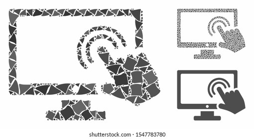 Screen double tap mosaic of joggly elements in different sizes and shades, based on screen double tap icon. Vector joggly pieces are organized into mosaic.