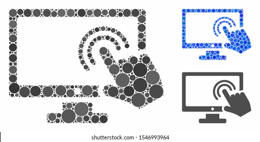 Screen double tap mosaic of round dots in various sizes and color hues, based on screen double tap icon. Vector round dots are composed into blue illustration.