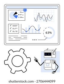 Bildschirm mit dynamischen Diagrammen zeigt finanzielle Daten Zahnrad Symbol und Roboter Charakter. Ideal für Datenanalyse, Technologie, Automatisierung, KI, Business Metrics, Industrie 4.0, Financial Tracking. Linienmetapher