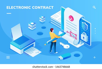 Screen for electronic contract or signature smartphone application. Man with pen signing e-contract with e-signature near printer with document and safe lock. Page for e-business. Digital deal