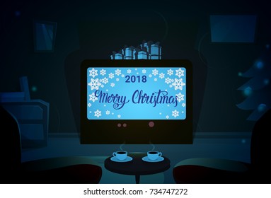 Screen With Empty Chairs, Merry Christmas And Happy New Year Winter Holiday Concept Banner Flat Vector Illustration