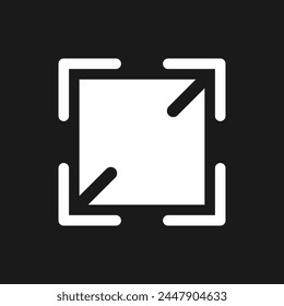 Screen enlarging dark mode glyph ui icon. Display size changing tool. User interface design. White silhouette symbol on black space. Solid pictogram for web, mobile. Vector isolated illustration