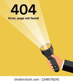 Screen error 404, page not found. Flashlight shine on text and button. Flat vector illustration