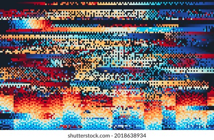 Screen error glitch distortion and digital rainbow pixel noise, vector background. TV screen with glitch or digital video distortion error and rainbow pixels noise pattern on grunge background