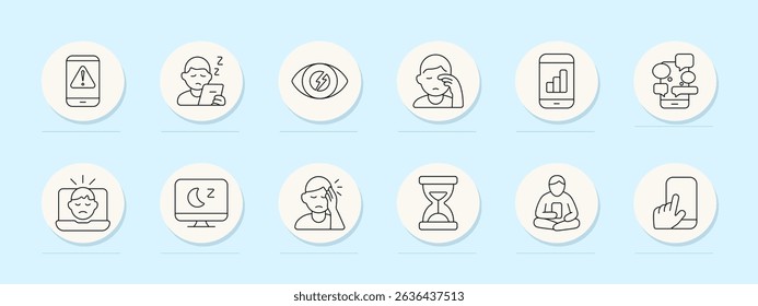 Screen fatigue set icon. Mobile alert, phone use, eye strain, headache, analytics overload, message flood, sad face, sleepless monitor, tiredness, waiting, meditation, touch input.