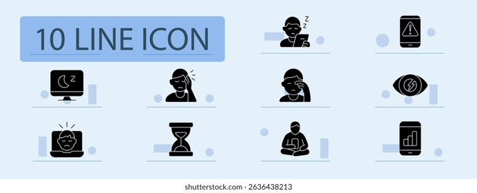Screen fatigue set icon. Sleepy user, headache, warning phone, eye strain, night work, timer, phone addiction, visual fatigue, technology use, stress.