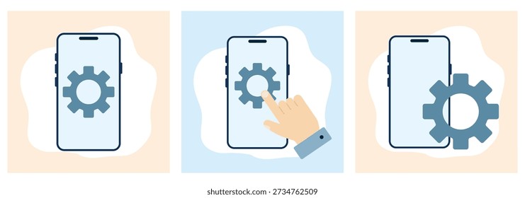 Uma tela com conjuntos de ícones planos.
Ícones de configuração e configurações.
Engrenagens, marcas de verificação e sinais de aviso.
Robôs, documentos e avatares de usuário.
Pré-visualizações vetoriais em uma plataforma de design.