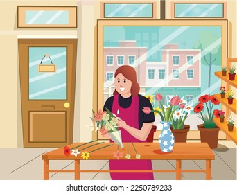 A screen florist work at florist shop or store. Woman compose bouquet on table, hold, carry fresh flowers in florist shop. Floristry selling at flower shop. Flat vector cartoon isolated illustration