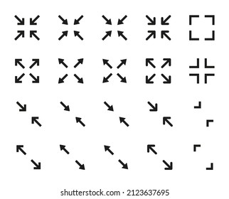 Screen full icon. Icons of full screen. Extend of size page. Expand of window. Symbols of fullscreen. Buttons of enlarge for navigation in mobile phone, laptop and app. Vector.