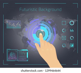 Screen with futuristic game or application vector illustration. Doing researches banner, poster. Touching icons on screen. Getting information about environment. Map background.