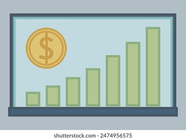 Pantalla con gráfico verde creciente, moneda de dólar que representa ganancias