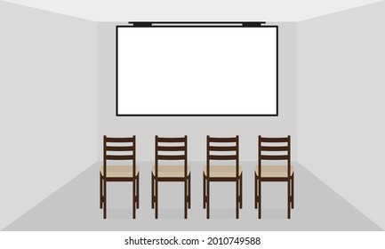An der Wand hängt ein Bildschirm und vier Stühle in einem leeren Raum