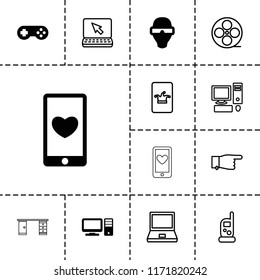 Screen icon. collection of 13 screen filled and outline icons such as baby monitor phone, poker on phone, pointing, laptop. editable screen icons for web and mobile.