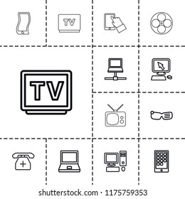 Screen icon. collection of 13 screen outline icons such as pointer on display, laptop, smart glasses, tv, medical phone. editable screen icons for web and mobile.