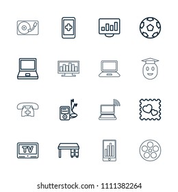 Screen icon. collection of 16 screen outline icons such as office desk, laptop, movie tape, hand on smartphone, photo with heart. editable screen icons for web and mobile.