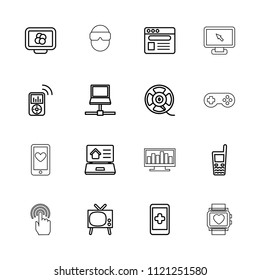 Screen icon. collection of 16 screen outline icons such as hand on smartphone, tv, atom on display, old phone, browser, film tape. editable screen icons for web and mobile.
