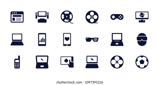 Screen icon. collection of 18 screen filled icons such as laptop, tv system, movie tape, browser, film tape, phone, graph on display. editable screen icons for web and mobile.