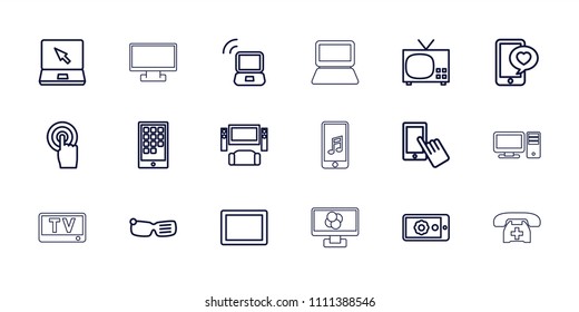 Screen icon. collection of 18 screen outline icons such as finger on display, tv system, tv, smart glasses, phone with heart. editable screen icons for web and mobile.
