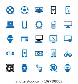 Screen icon. collection of 25 screen filled icons such as joystick, finger on tablet, office desk, display, movie tape, film tape. editable screen icons for web and mobile.
