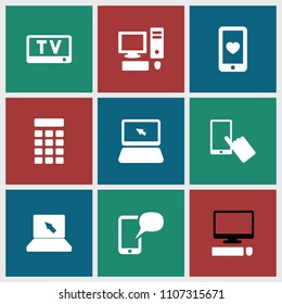 Screen icon. collection of 9 screen filled icons such as finger on display, heart mobile, intercom, message on phone, pc, tv. editable screen icons for web and mobile.
