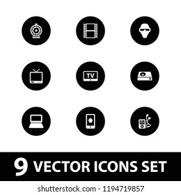 Screen icon. collection of 9 screen filled icons such as tv, roulette, movie tape, dvd player, home on phone display. editable screen icons for web and mobile.