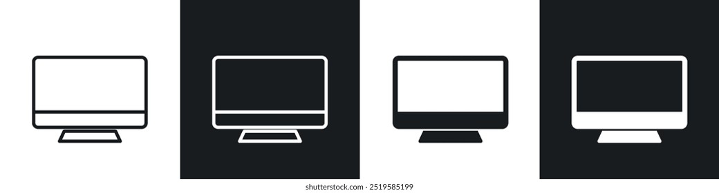 Screen icon collection in black and white filled and stroke line style.