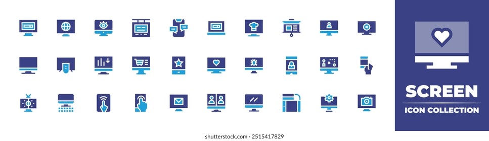 Screen icon collection. Duotone color. Vector illustration. Containing pc, screen, television, monitoring, bargraph, chat, smartphone, computer, laptop, like, worldwide.