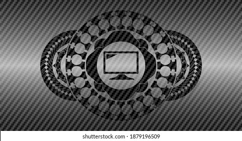screen icon inside carbon fiber dark badge. Polymer texture fancy background. Vector illustration. 
