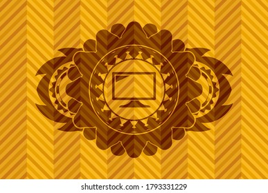 screen icon inside orange color emblem. Geometric classic background. Intense illustration. 