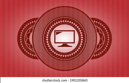 screen icon inside red color badge. Bars chic background. Artistic illustration. 