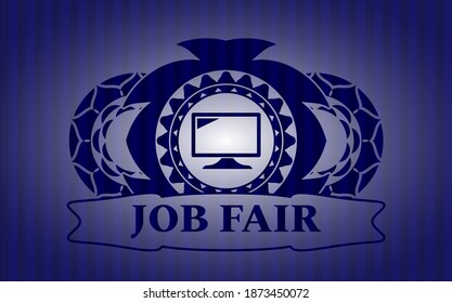 screen icon and Job fair text Blue color realistic badge. Bars handsome background. Illustration. 